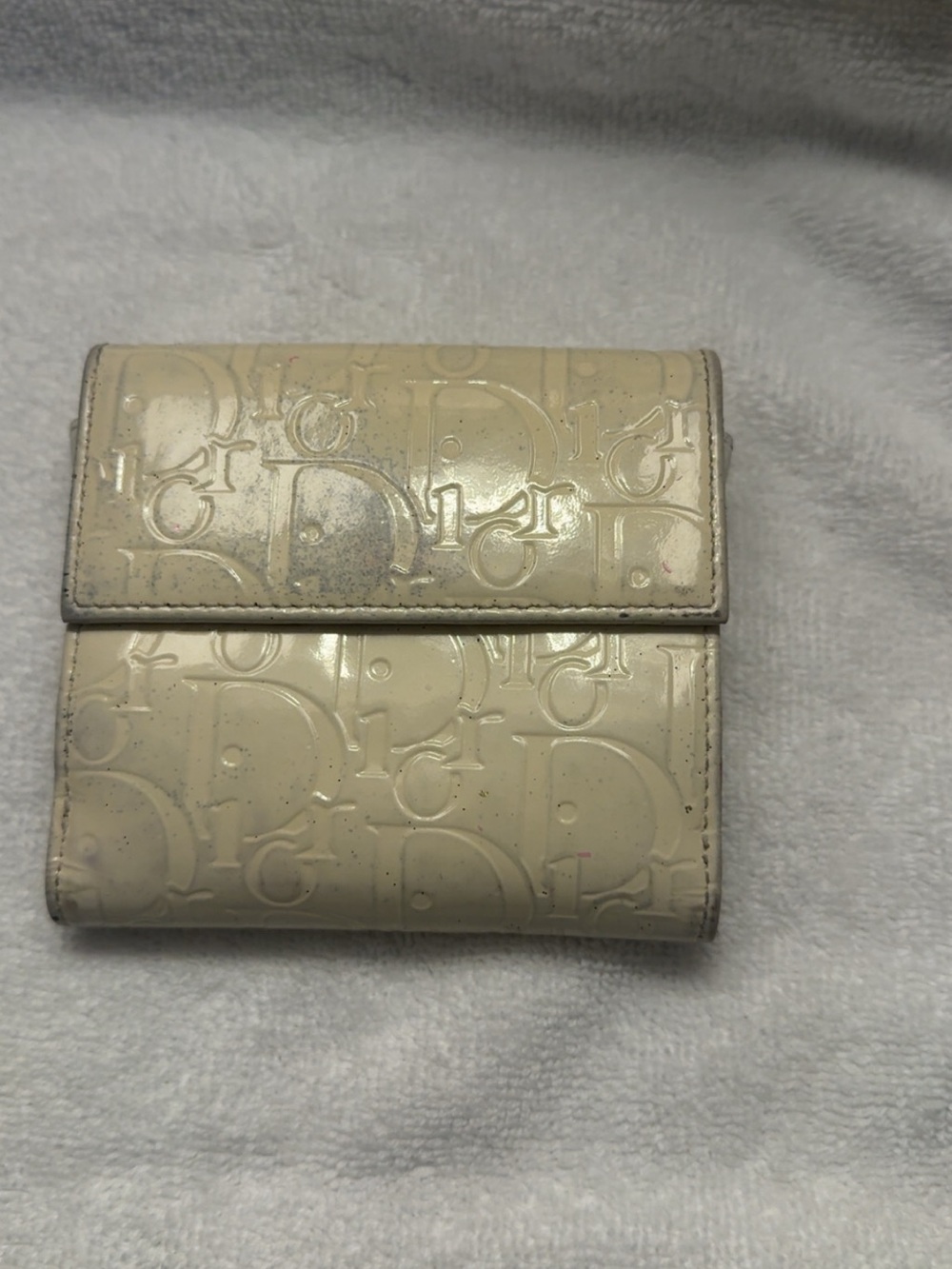 Dior Patent Embossed Card Holder in Light Cream